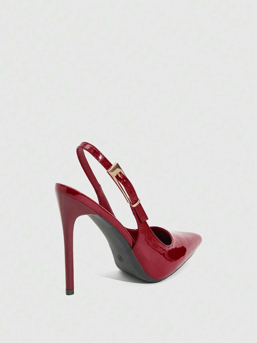 Pointed toe stiletto high heel evening party pumps featuring an ankle strap with buckle closure.