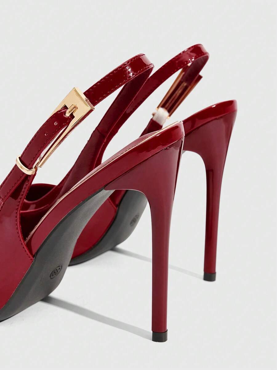 Pointed toe stiletto high heel evening party pumps featuring an ankle strap with buckle closure.