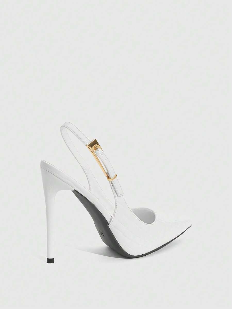 Pointed toe stiletto high heel evening party pumps featuring an ankle strap with buckle closure.