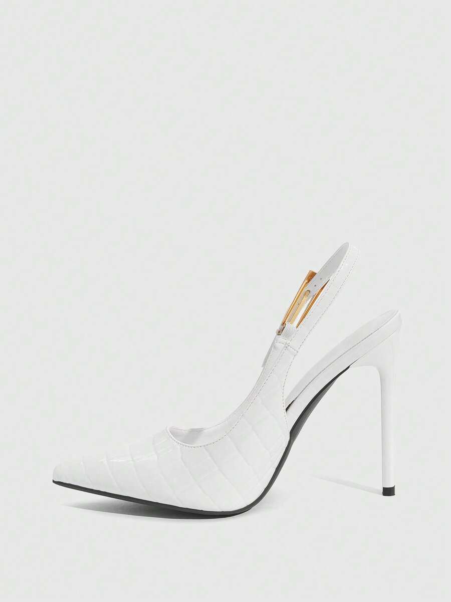 Pointed toe stiletto high heel evening party pumps featuring an ankle strap with buckle closure.