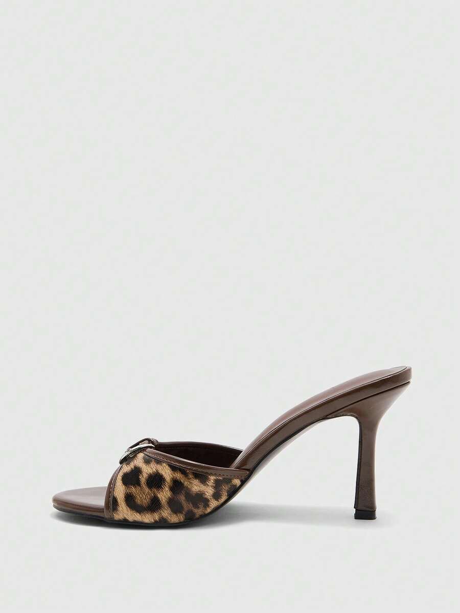 Brown PU leather open round toe high heel mule sandals with gold buckle detail and grommet eyelets for women