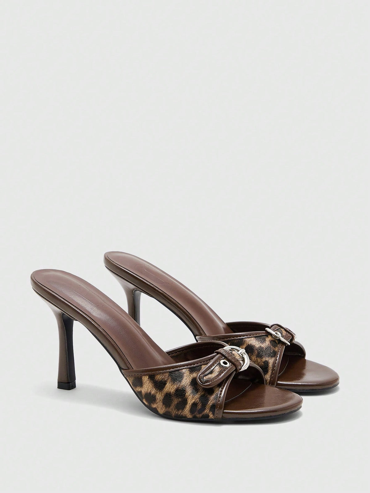 Brown PU leather open round toe high heel mule sandals with gold buckle detail and grommet eyelets for women