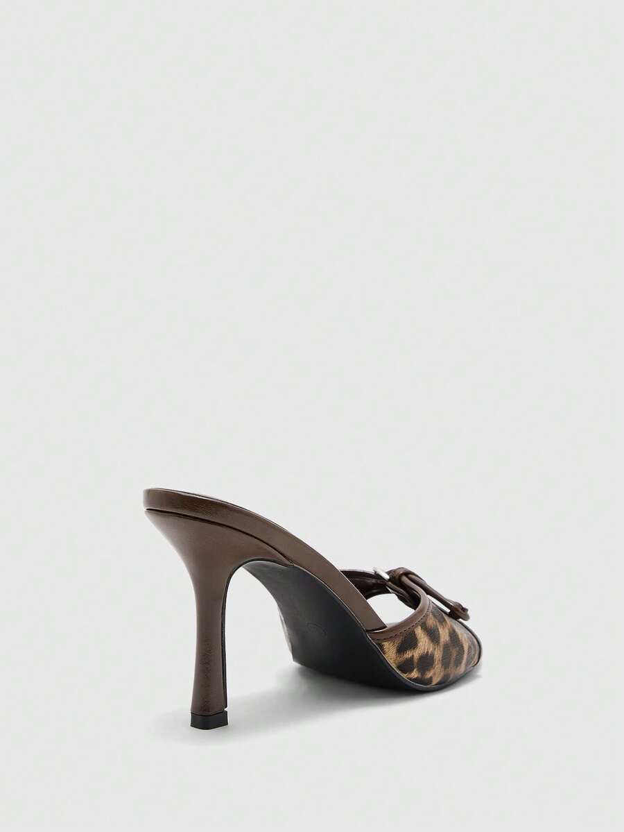 Brown PU leather open round toe high heel mule sandals with gold buckle detail and grommet eyelets for women