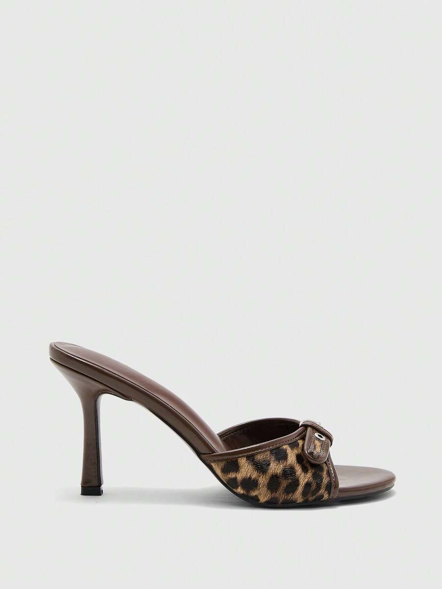 Brown PU leather open round toe high heel mule sandals with gold buckle detail and grommet eyelets for women