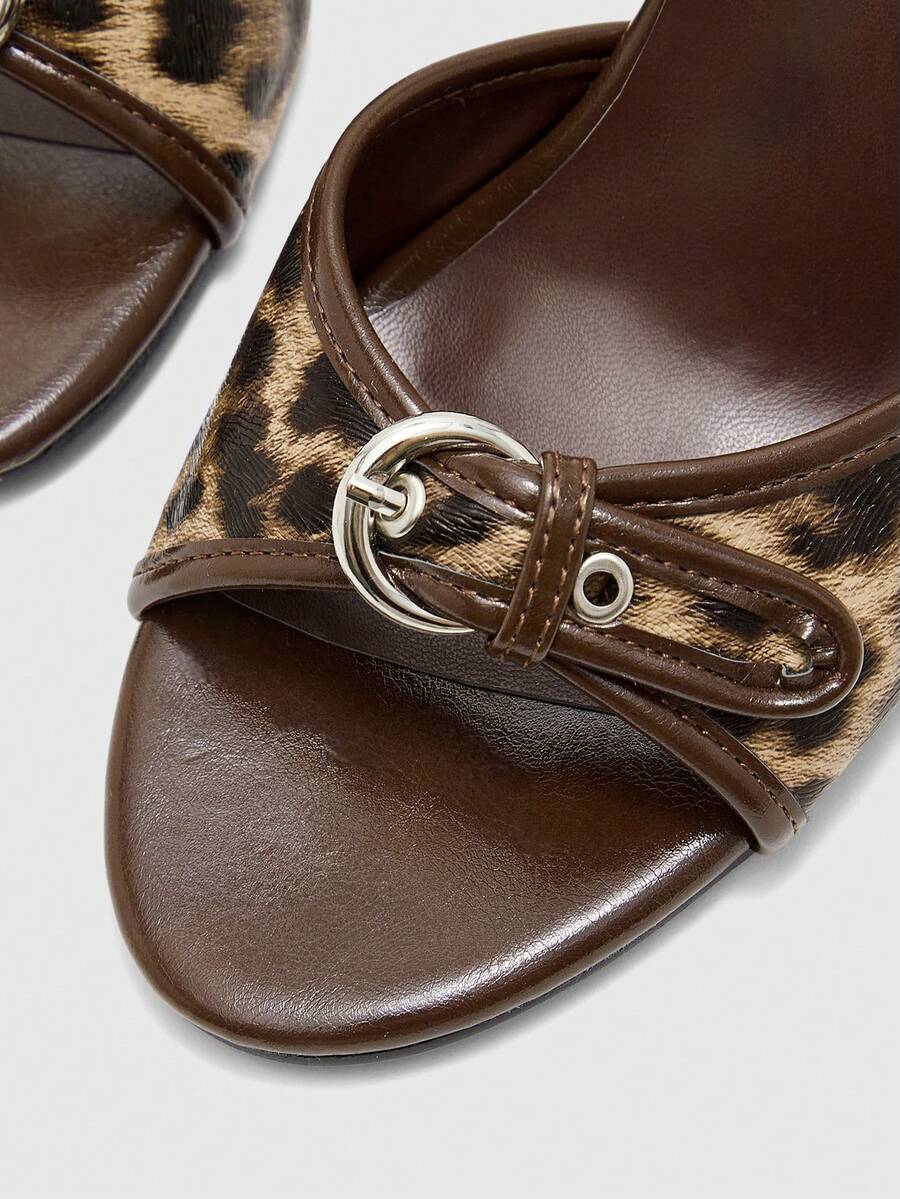 Brown PU leather open round toe high heel mule sandals with gold buckle detail and grommet eyelets for women