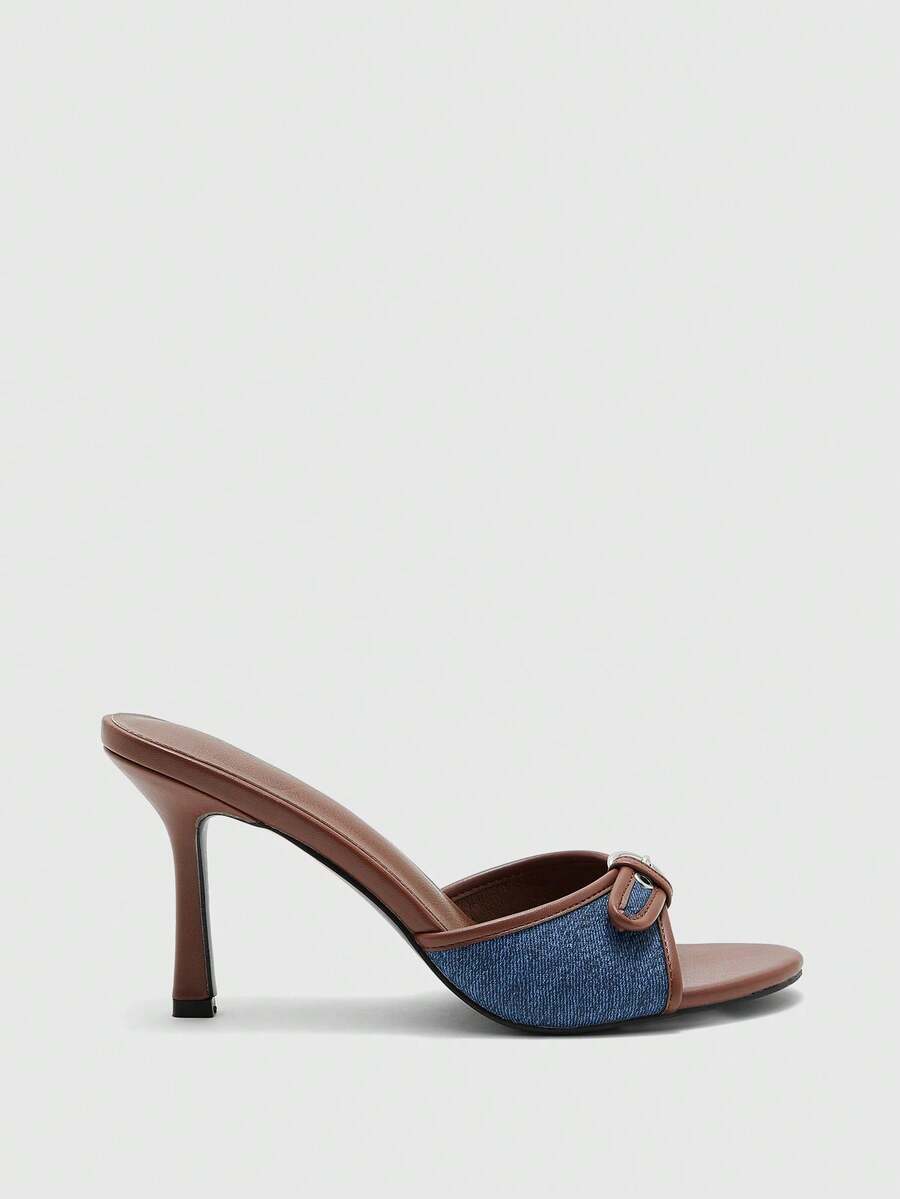 Brown PU leather open round toe high heel mule sandals with gold buckle detail and grommet eyelets for women