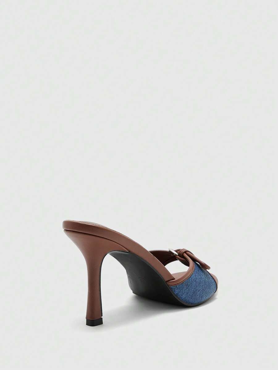 Brown PU leather open round toe high heel mule sandals with gold buckle detail and grommet eyelets for women