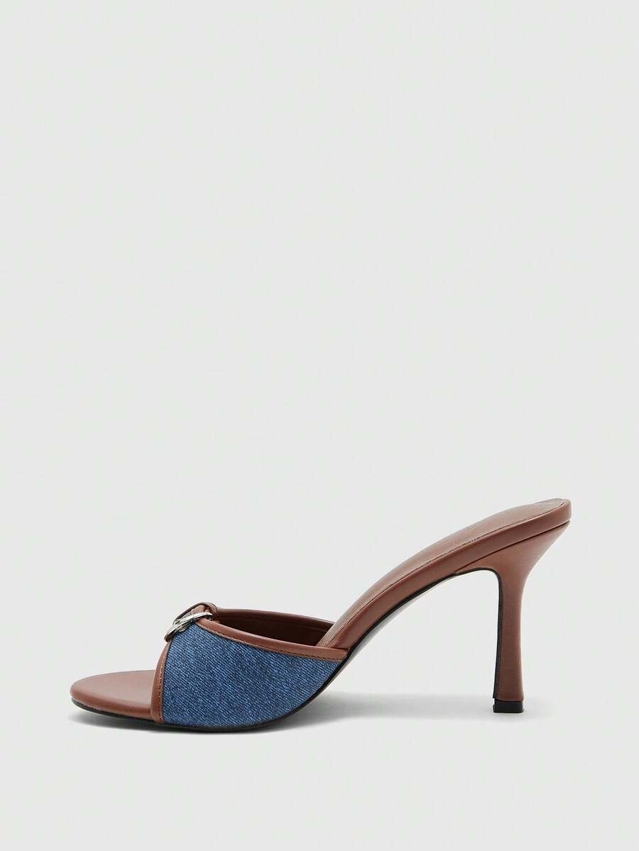Brown PU leather open round toe high heel mule sandals with gold buckle detail and grommet eyelets for women