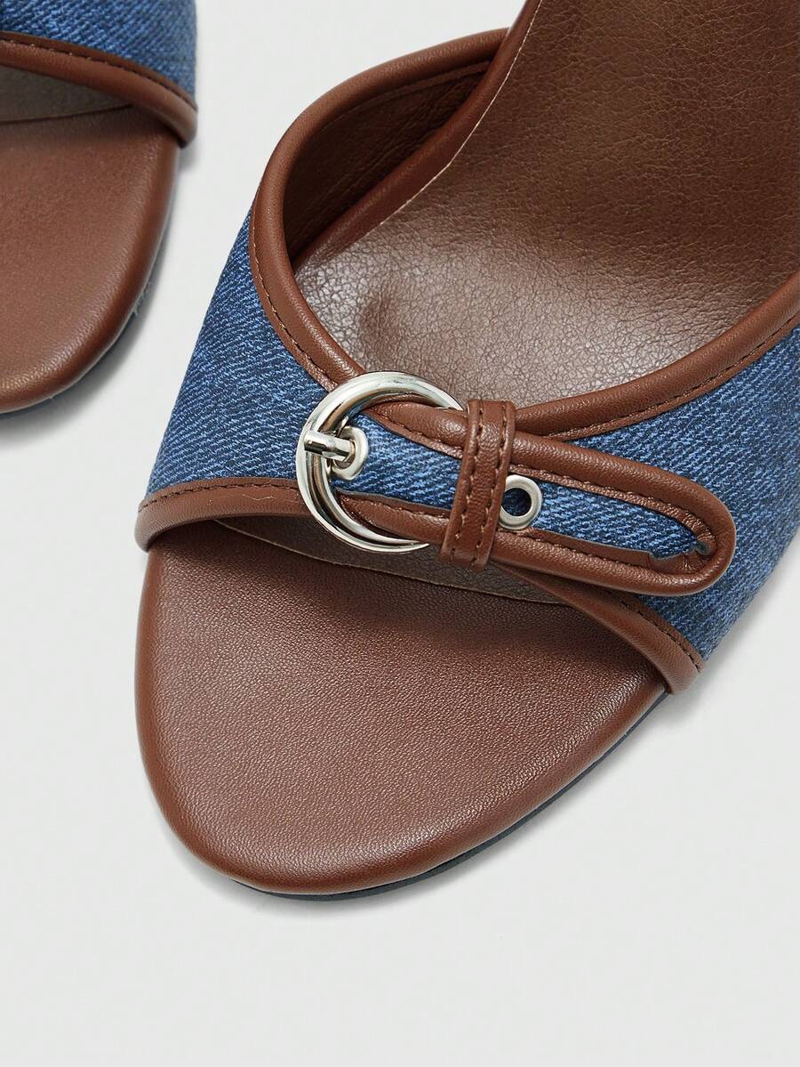Brown PU leather open round toe high heel mule sandals with gold buckle detail and grommet eyelets for women