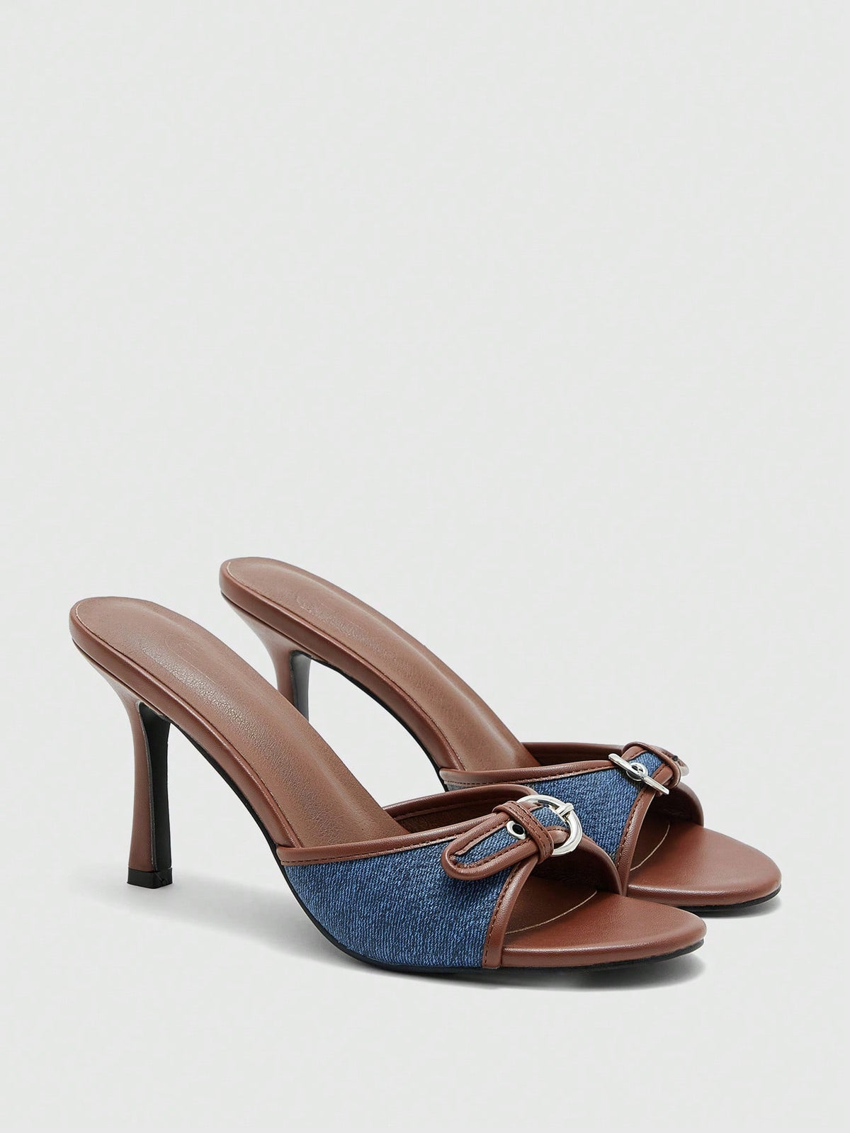 Brown PU leather open round toe high heel mule sandals with gold buckle detail and grommet eyelets for women
