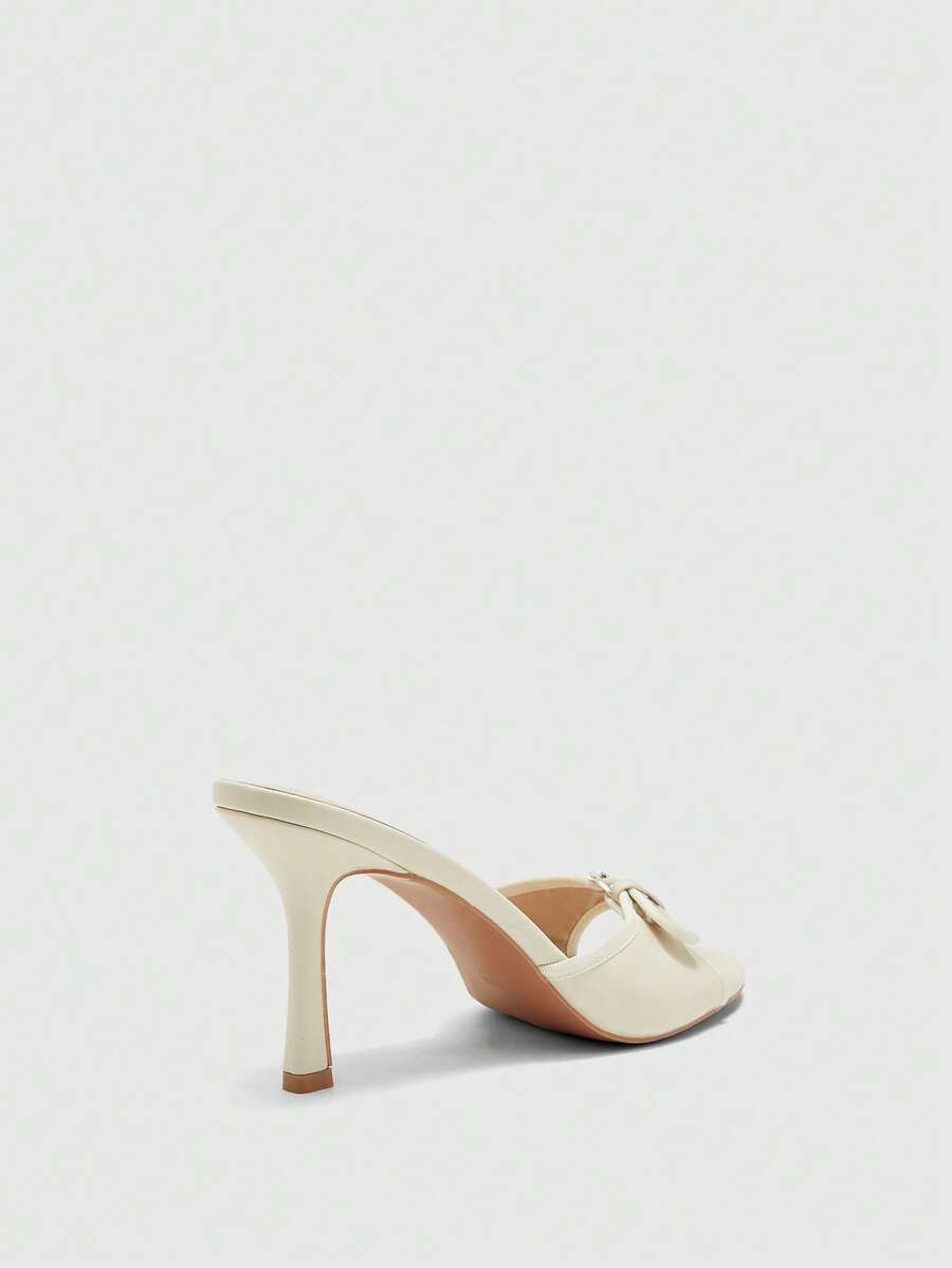 Brown PU leather open round toe high heel mule sandals with gold buckle detail and grommet eyelets for women