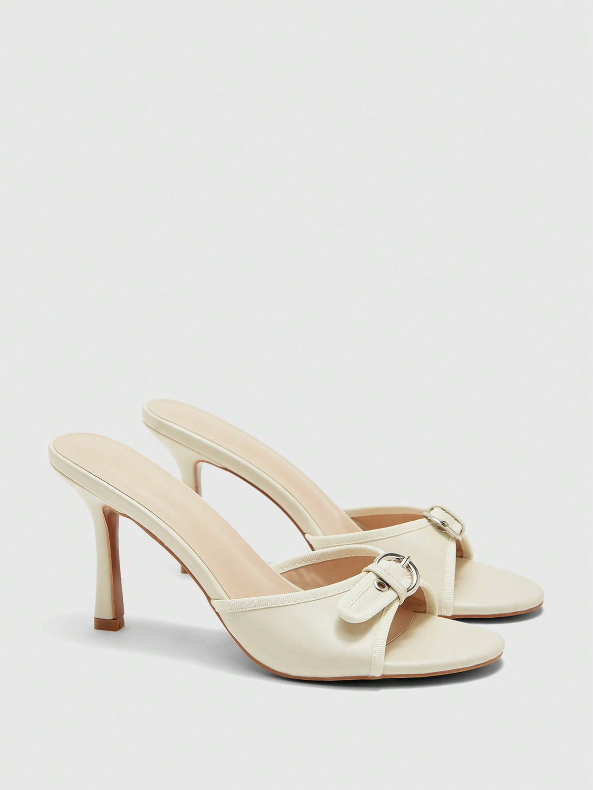 Brown PU leather open round toe high heel mule sandals with gold buckle detail and grommet eyelets for women