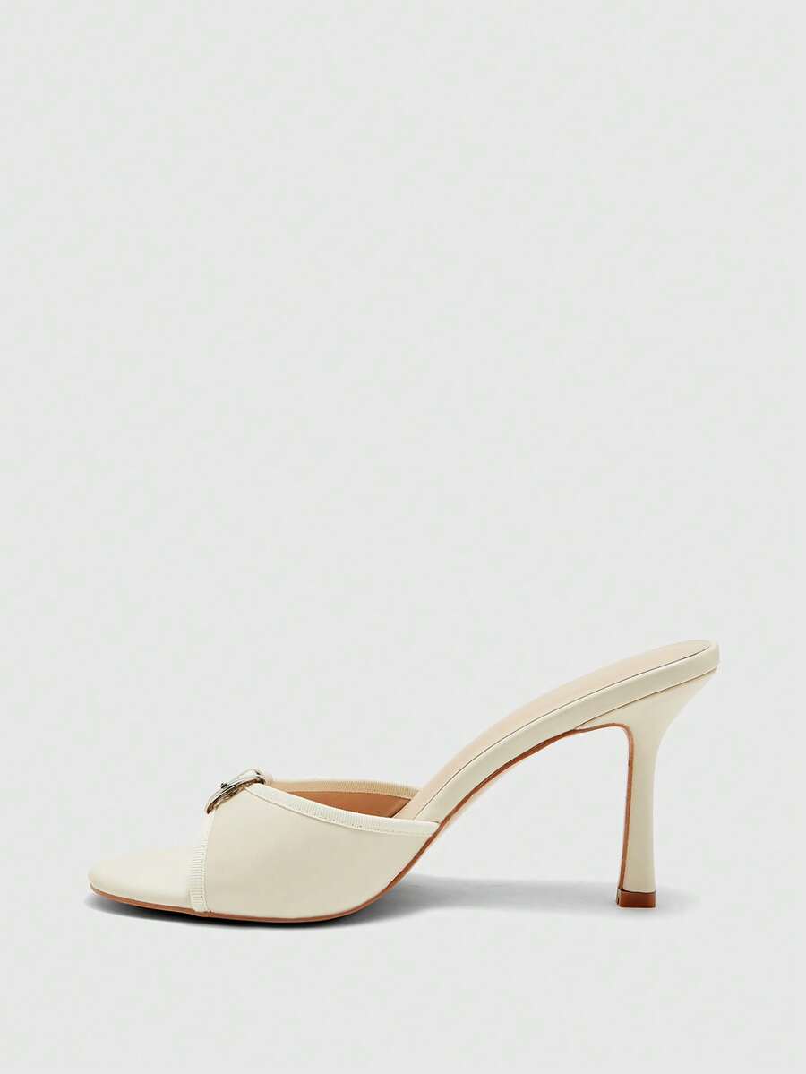 Brown PU leather open round toe high heel mule sandals with gold buckle detail and grommet eyelets for women
