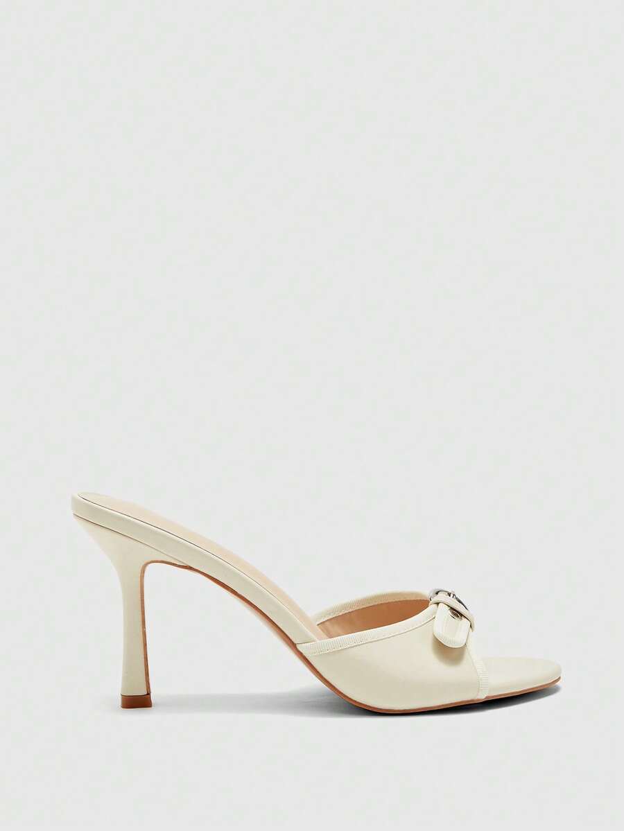 Brown PU leather open round toe high heel mule sandals with gold buckle detail and grommet eyelets for women