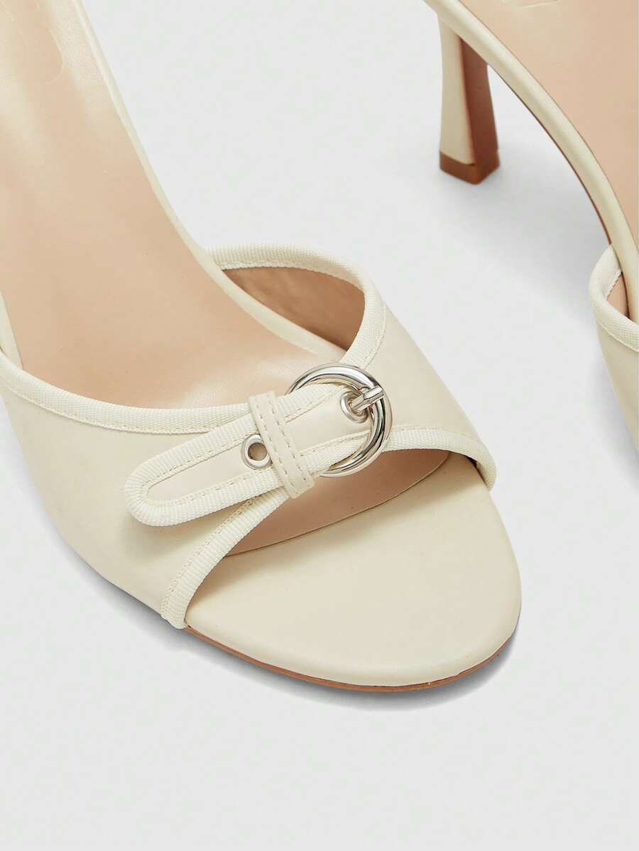 Brown PU leather open round toe high heel mule sandals with gold buckle detail and grommet eyelets for women