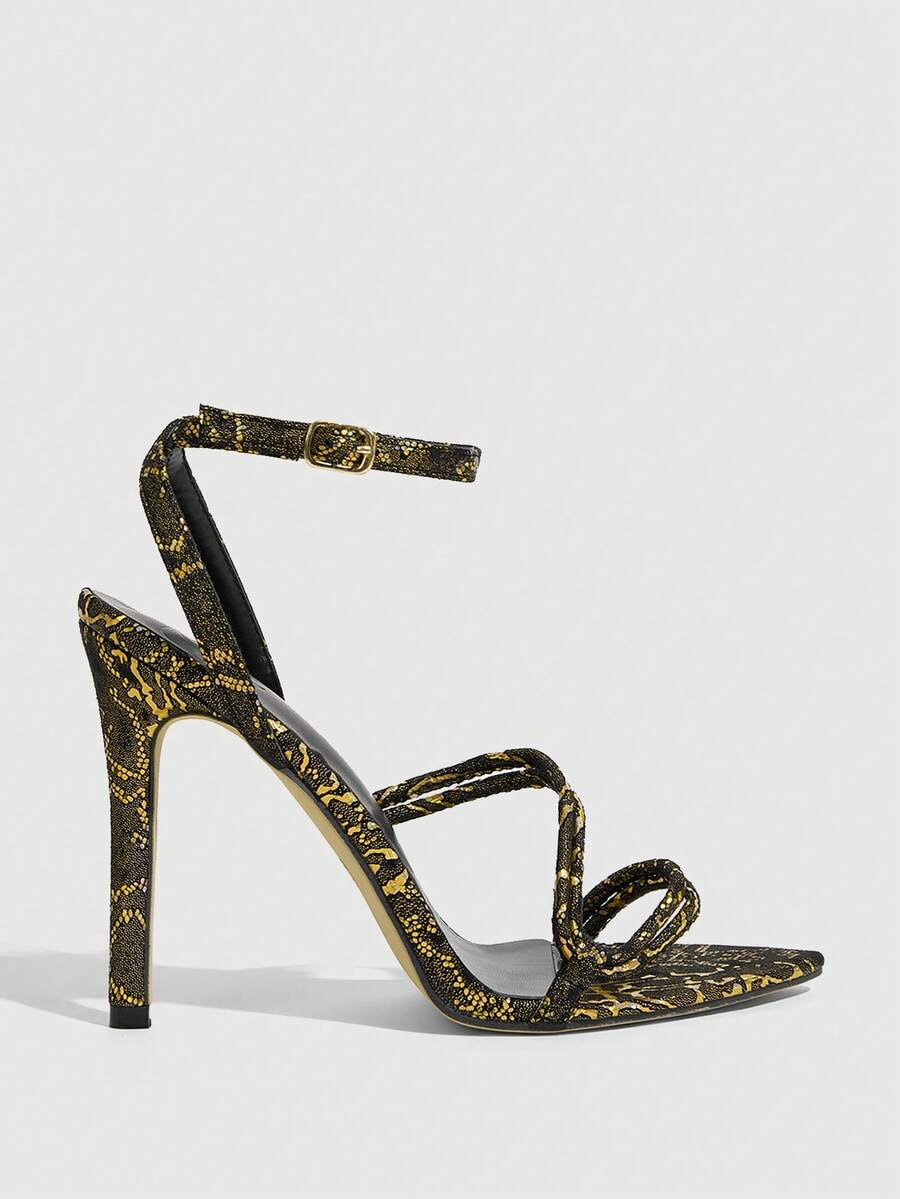 Snake pattern open toe high heel sandals with thin stiletto heel and buckle ankle strap for women.