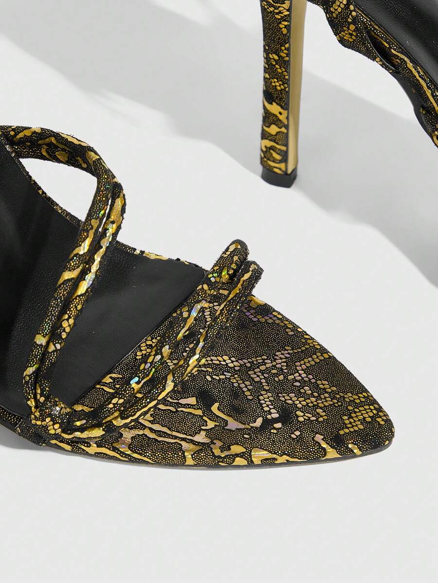 Snake pattern open toe high heel sandals with thin stiletto heel and buckle ankle strap for women.