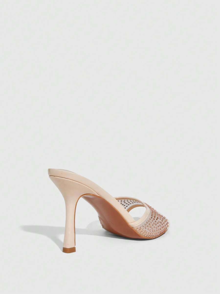 Women's black high heel sandals featuring contrast mesh upper, rhinestone embellishments, and a stiletto heel.