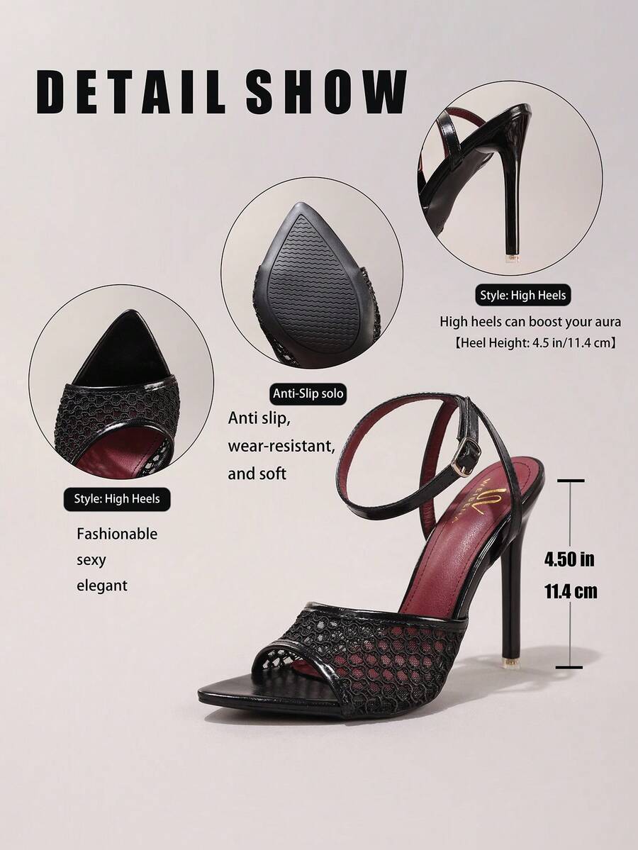 Lace stiletto high heel sandals with pointed open toe, ankle strap buckle, and bow detail