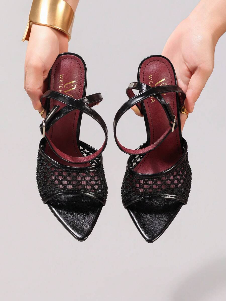 Lace stiletto high heel sandals with pointed open toe, ankle strap buckle, and bow detail