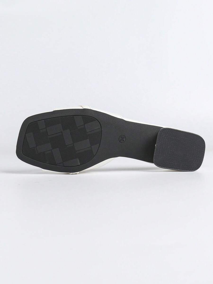 Women's multicolor square toe chunky heel sandals with bohemian textured pattern, canvas upper, and slip-on design.