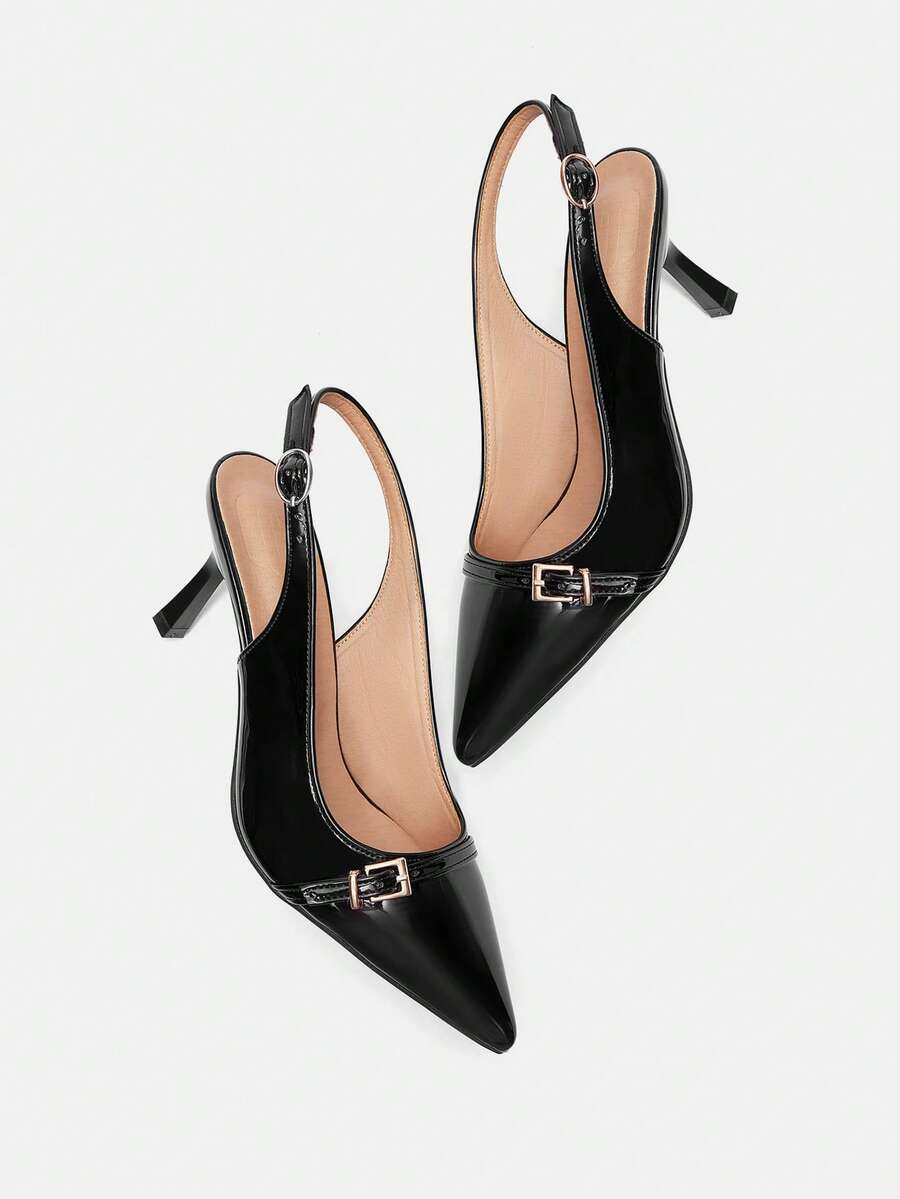 Beige pointed toe high heel pumps featuring a sleek stiletto heel and slingback strap for women.