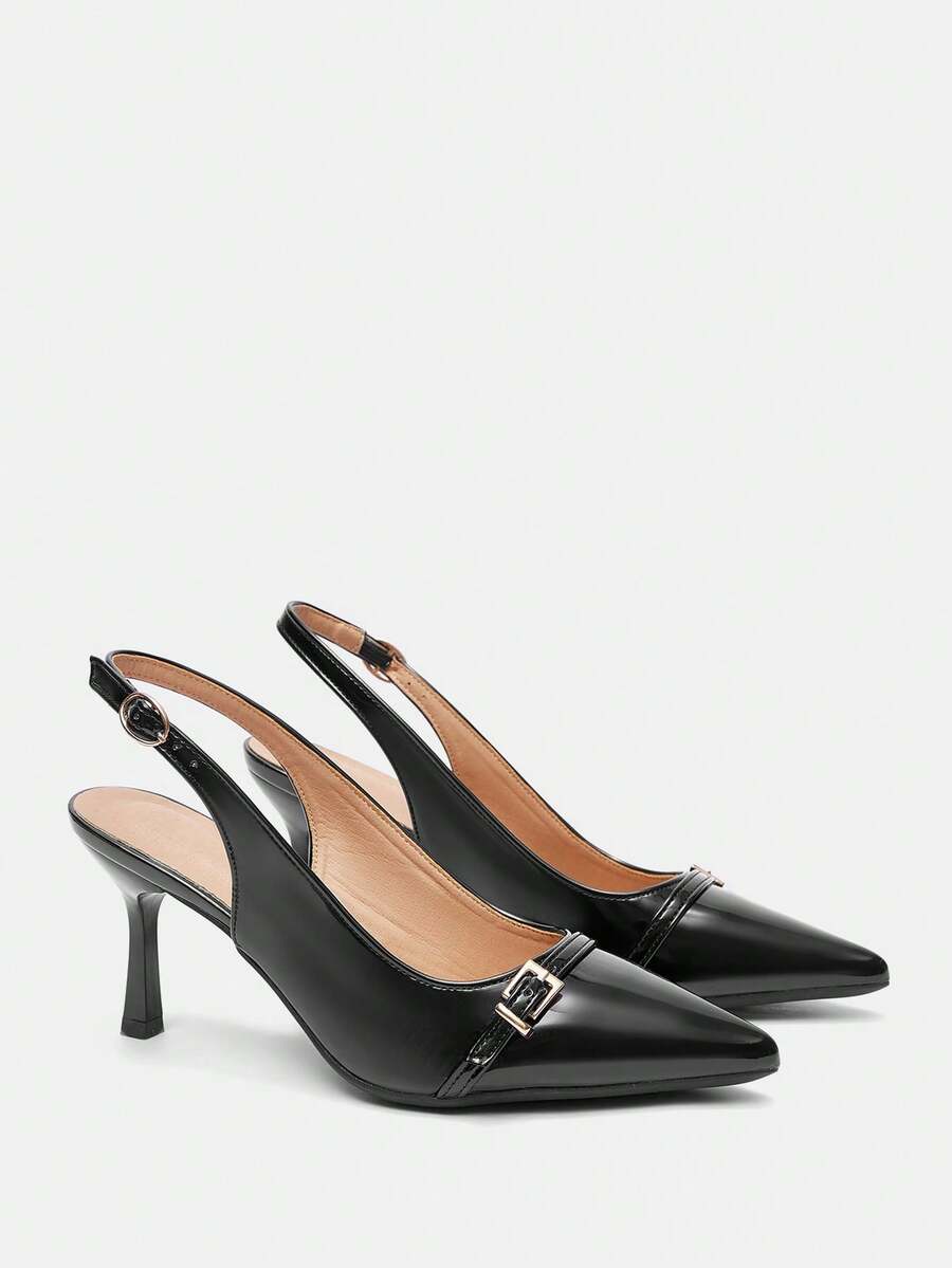 Beige pointed toe high heel pumps featuring a sleek stiletto heel and slingback strap for women.