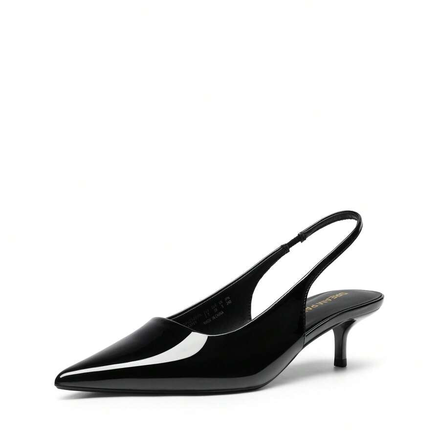 Pointed toe slingback kitten heel pumps in burgundy patent leather with low heel and slip-on strap for women