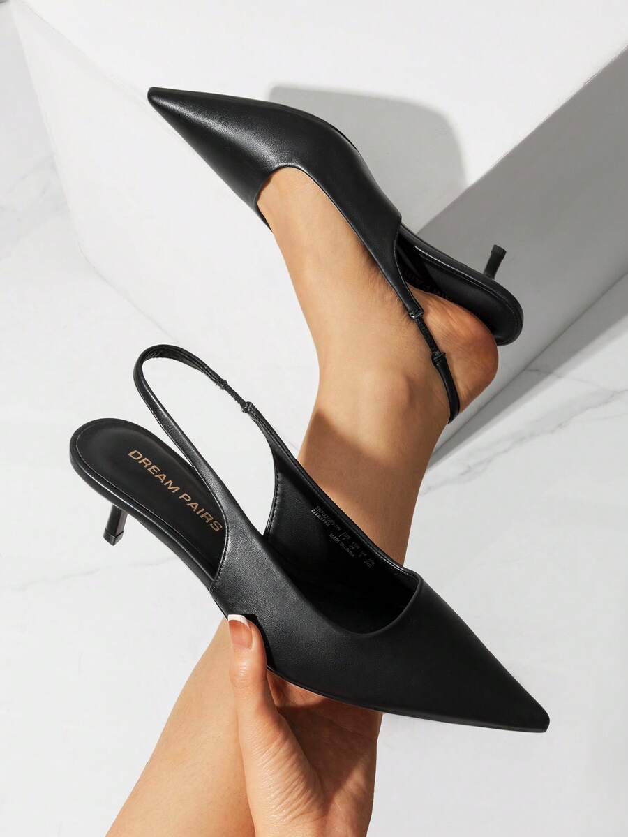 Pointed toe slingback kitten heel pumps in burgundy patent leather with low heel and slip-on strap for women