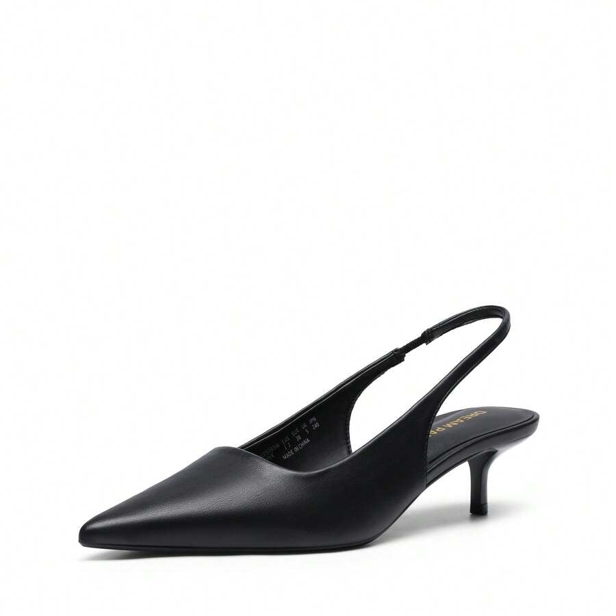 Pointed toe slingback kitten heel pumps in burgundy patent leather with low heel and slip-on strap for women