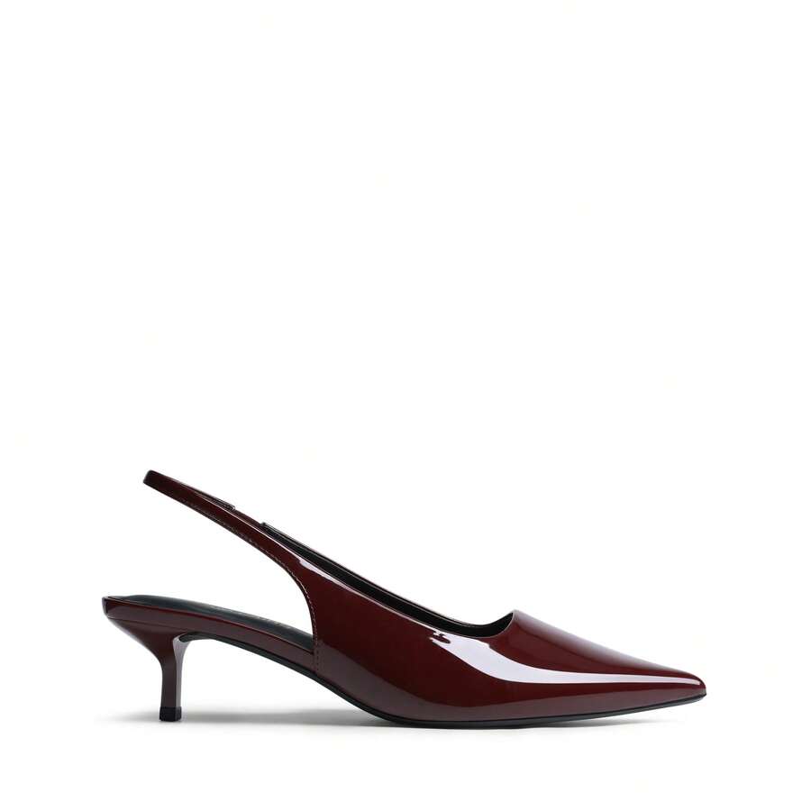 Pointed toe slingback kitten heel pumps in burgundy patent leather with low heel and slip-on strap for women