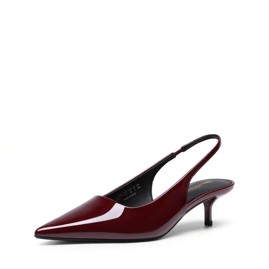 Pointed toe slingback kitten heel pumps in burgundy patent leather with low heel and slip-on strap for women