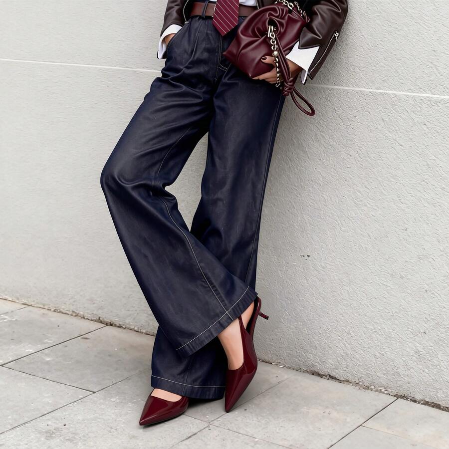 Pointed toe slingback kitten heel pumps in burgundy patent leather with low heel and slip-on strap for women