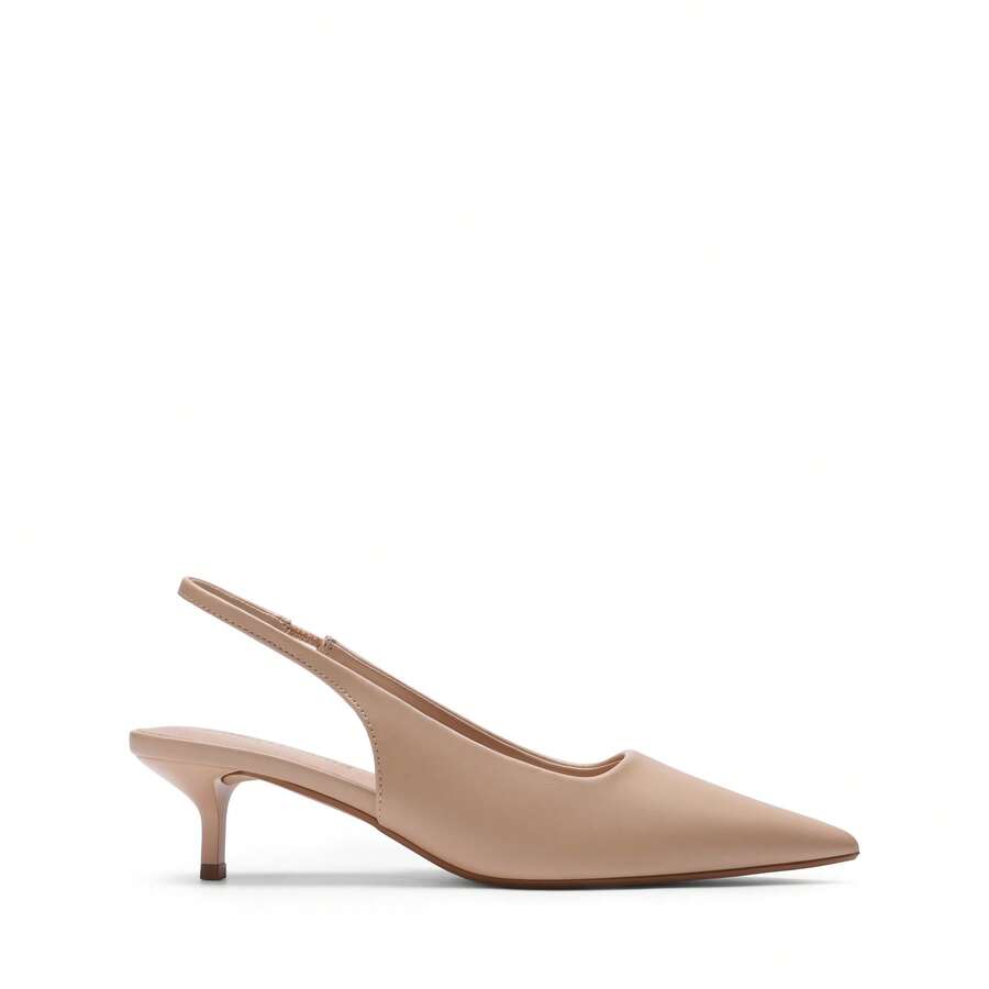 Pointed toe slingback kitten heel pumps in burgundy patent leather with low heel and slip-on strap for women