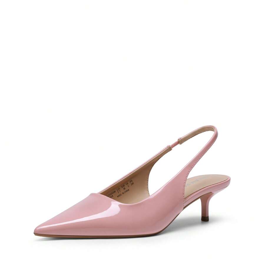 Pointed toe slingback kitten heel pumps in burgundy patent leather with low heel and slip-on strap for women