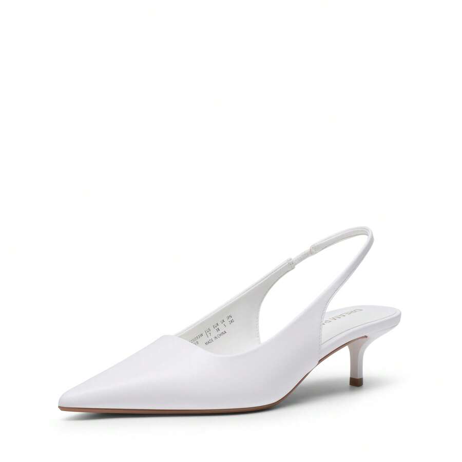 Pointed toe slingback kitten heel pumps in burgundy patent leather with low heel and slip-on strap for women