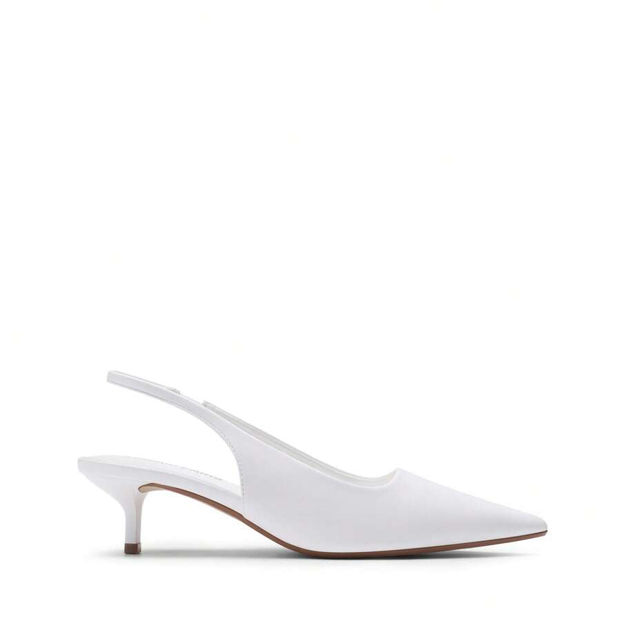 Pointed toe slingback kitten heel pumps in burgundy patent leather with low heel and slip-on strap for women
