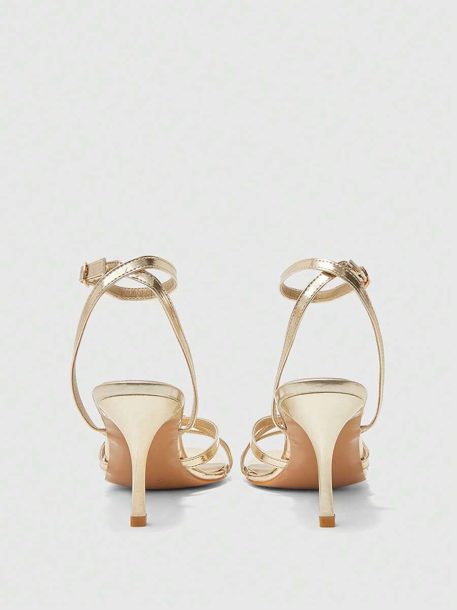 Square toe stiletto high heel sandals with crisscross strappy design and adjustable ankle buckle strap in light blue.