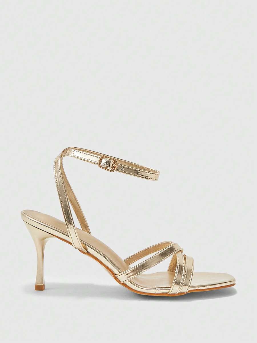 Square toe stiletto high heel sandals with crisscross strappy design and adjustable ankle buckle strap in light blue.
