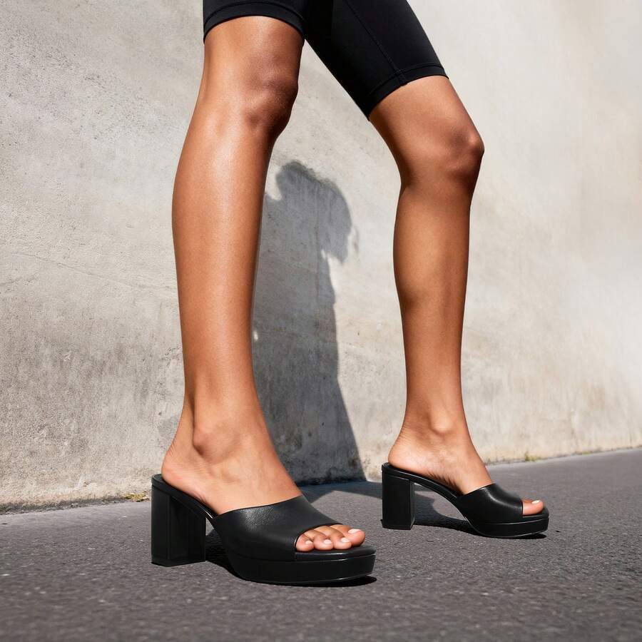 Women's minimalist open toe mule sandals featuring a chunky low heel, wide single strap, and slip-on design.