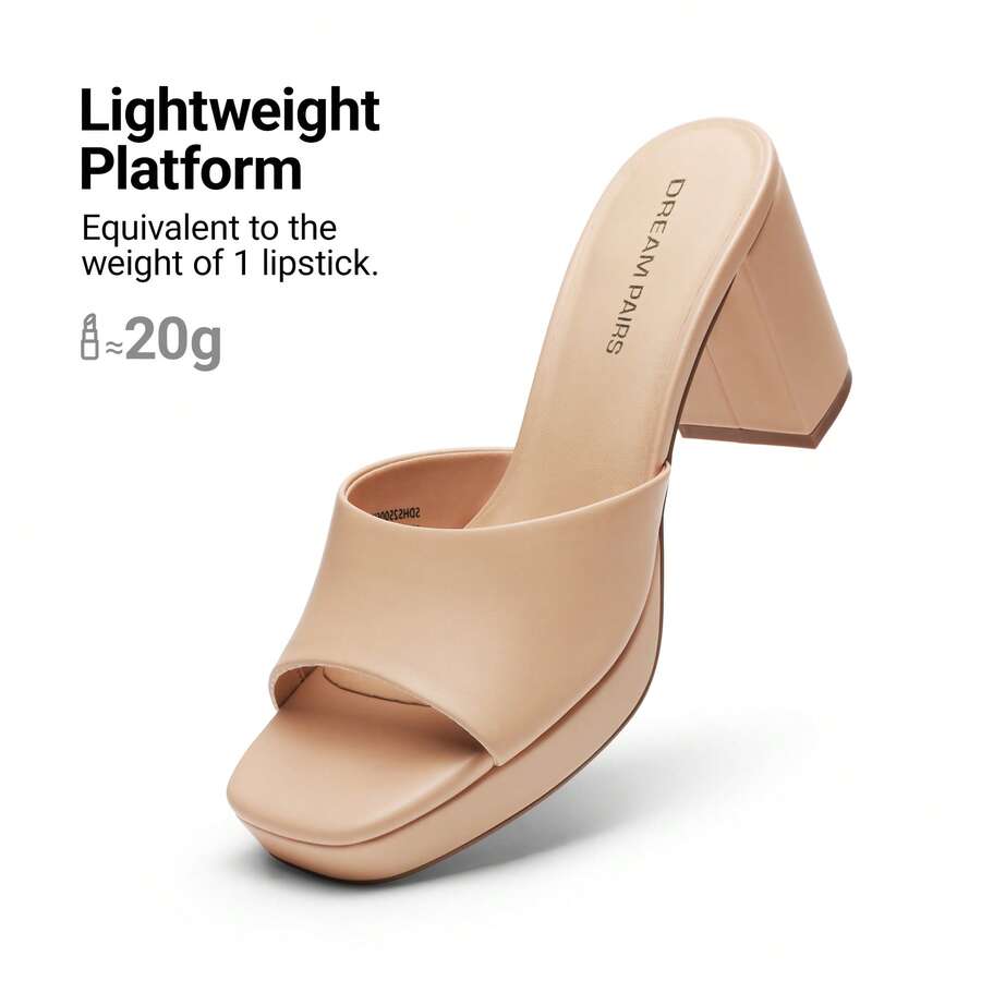 Women's minimalist open toe mule sandals featuring a chunky low heel, wide single strap, and slip-on design.