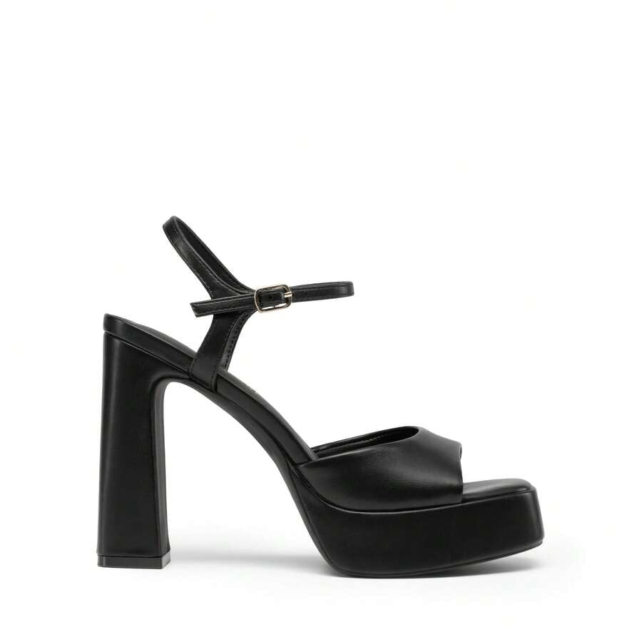 Women's open toe chunky high heel sandals featuring a platform sole, buckle ankle strap, and plain PU leather finish.