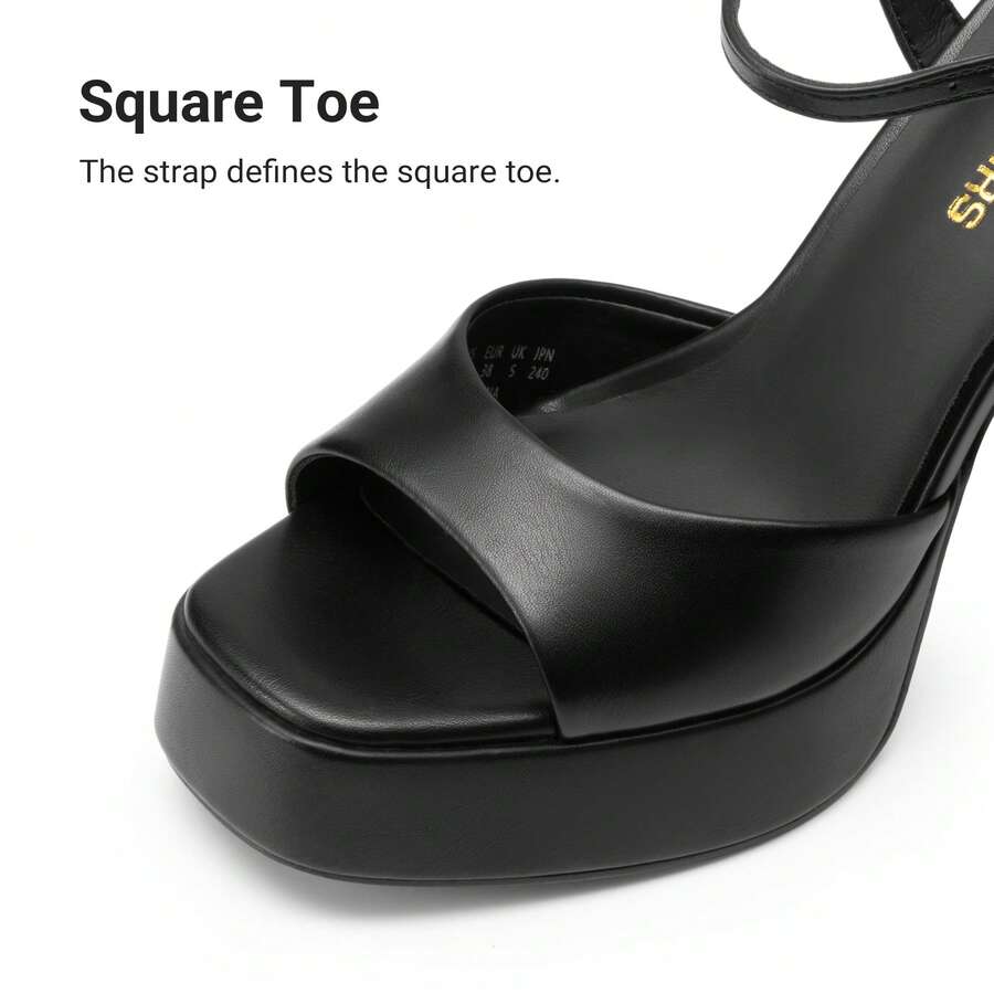 Women's open toe chunky high heel sandals featuring a platform sole, buckle ankle strap, and plain PU leather finish.