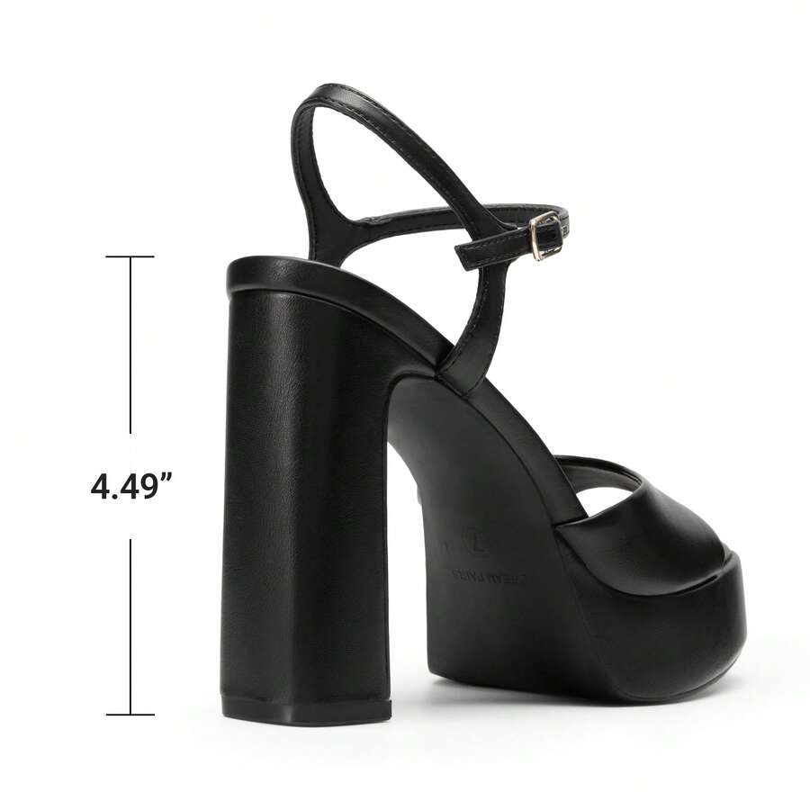 Women's open toe chunky high heel sandals featuring a platform sole, buckle ankle strap, and plain PU leather finish.