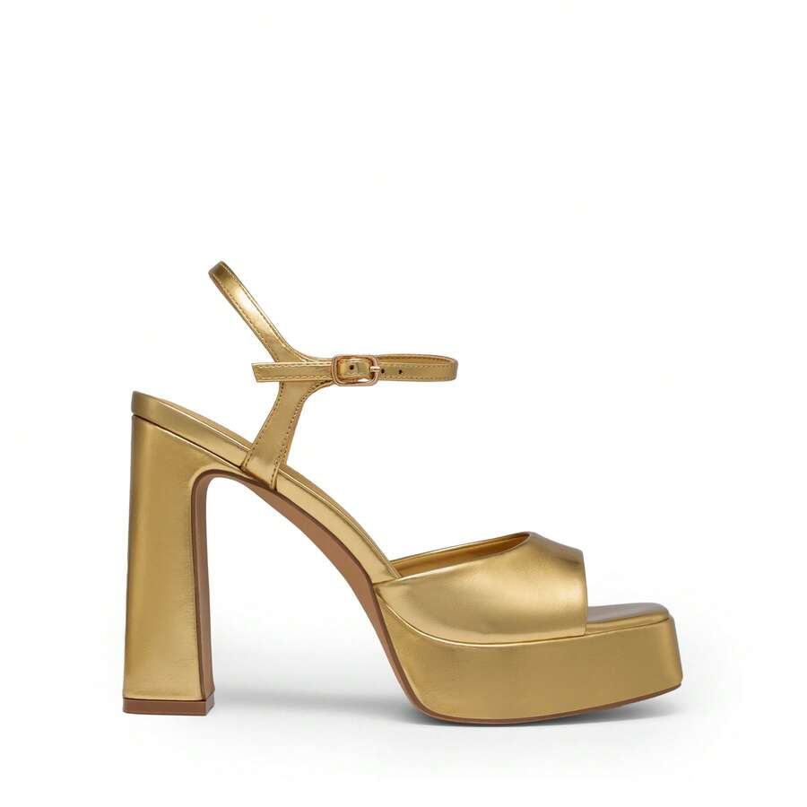 Women's open toe chunky high heel sandals featuring a platform sole, buckle ankle strap, and plain PU leather finish.