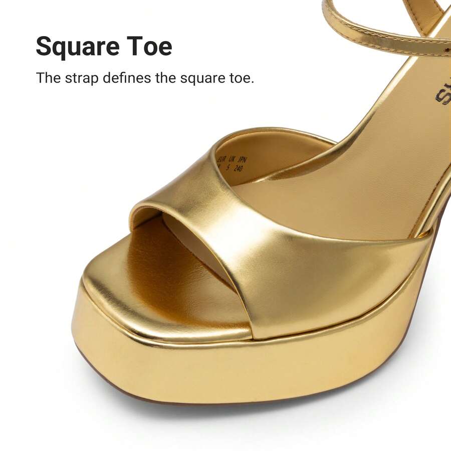 Women's open toe chunky high heel sandals featuring a platform sole, buckle ankle strap, and plain PU leather finish.