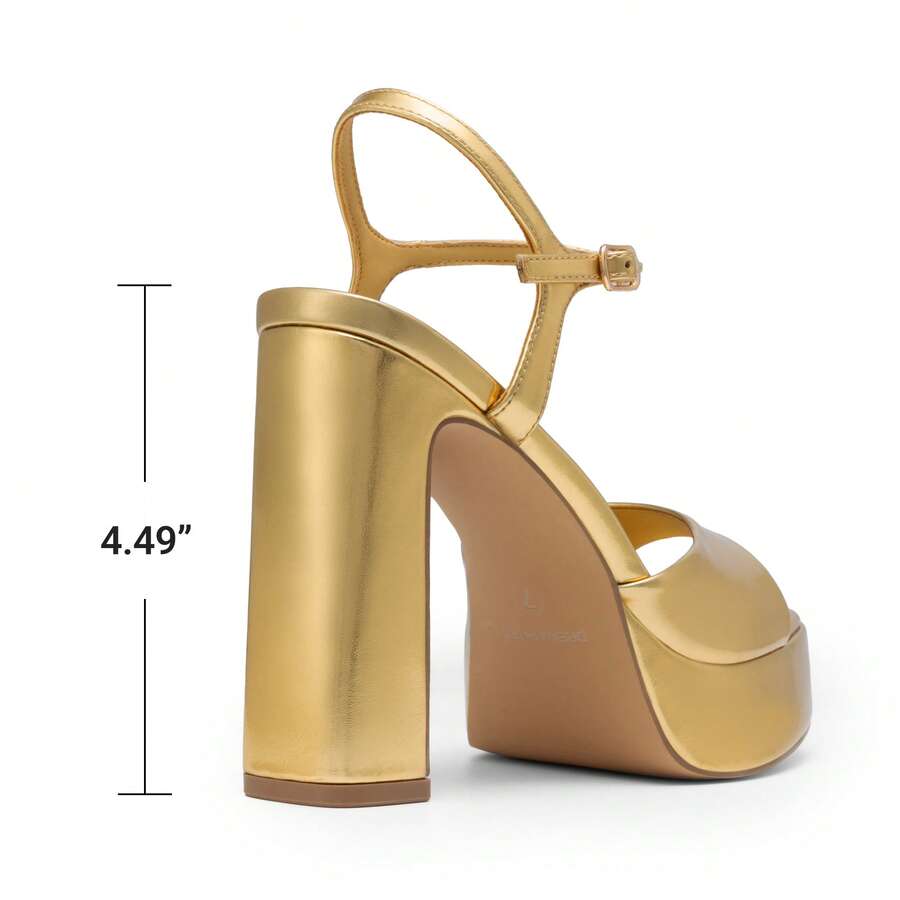 Women's open toe chunky high heel sandals featuring a platform sole, buckle ankle strap, and plain PU leather finish.