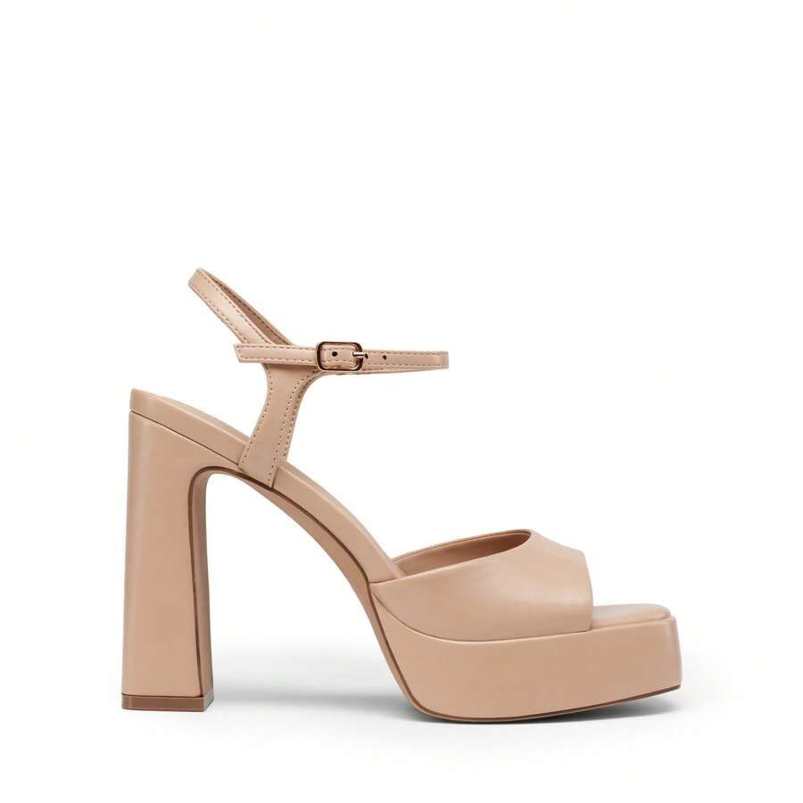 Women's open toe chunky high heel sandals featuring a platform sole, buckle ankle strap, and plain PU leather finish.