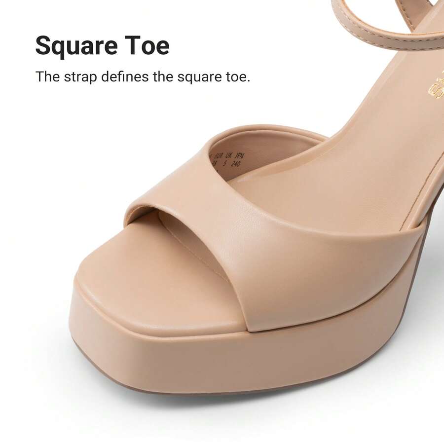 Women's open toe chunky high heel sandals featuring a platform sole, buckle ankle strap, and plain PU leather finish.