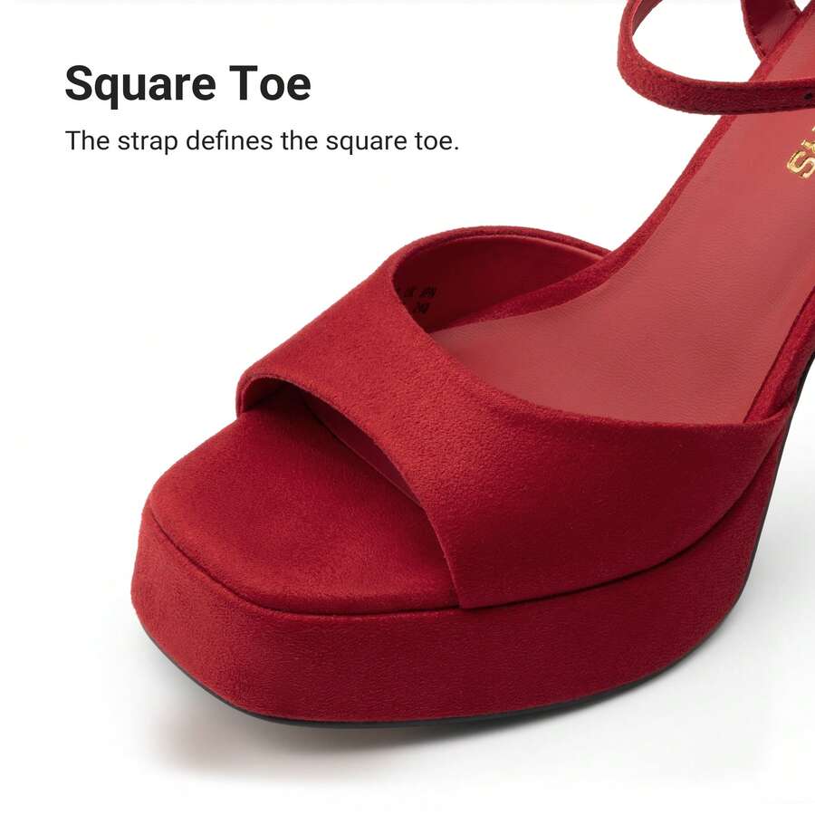 Women's open toe chunky high heel sandals featuring a platform sole, buckle ankle strap, and plain PU leather finish.